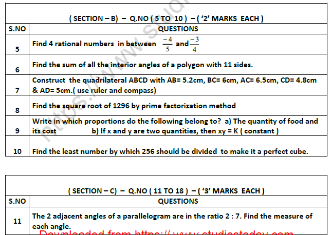 CBSE Class 8 Mathematics Question Paper Set N Solved